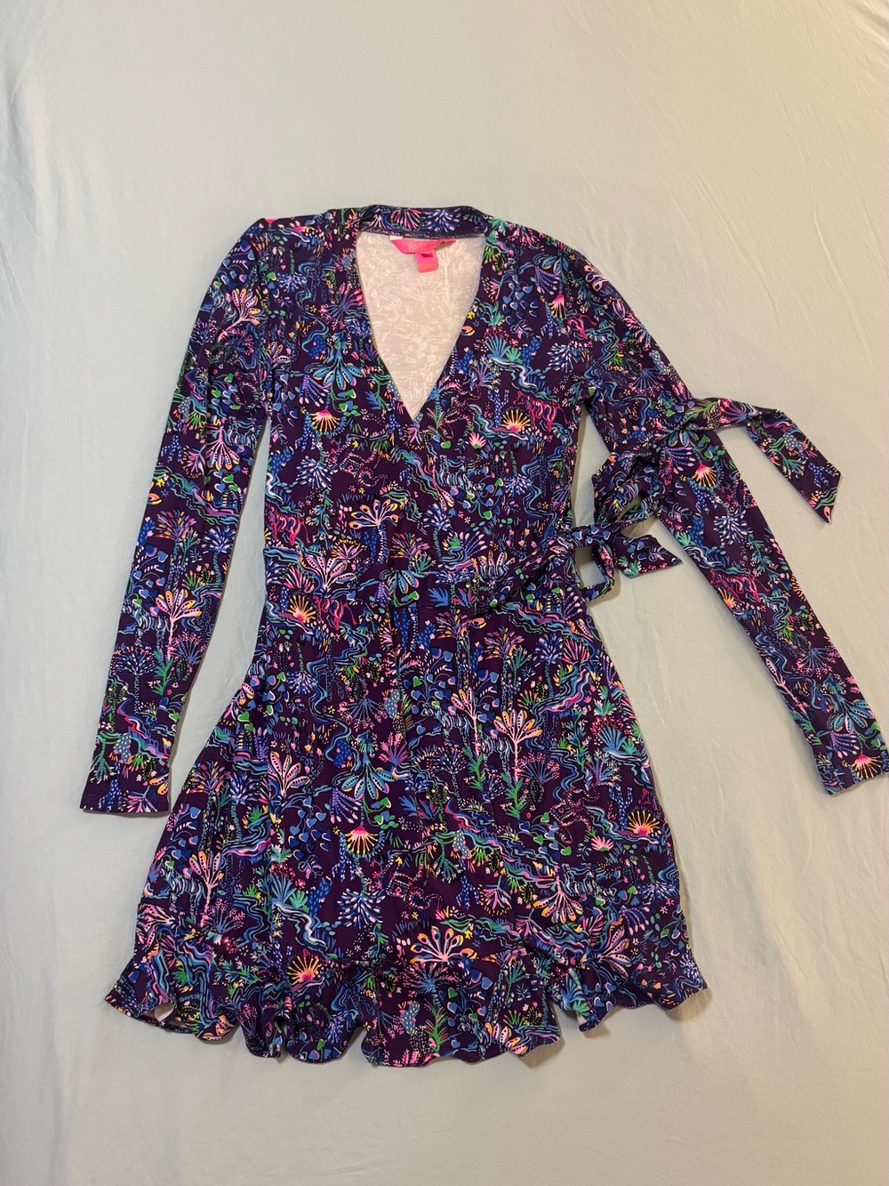 Lilly Pulitzer XXS Long Sleeve Wrap Dress | Purple Multicolor Print | Ruffle Hem